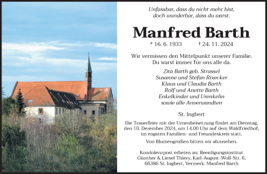 Todesanzeige von Manfred Barth von saarbruecker_zeitung