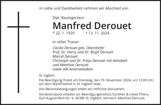 Todesanzeige von Manfred Derouet von saarbruecker_zeitung