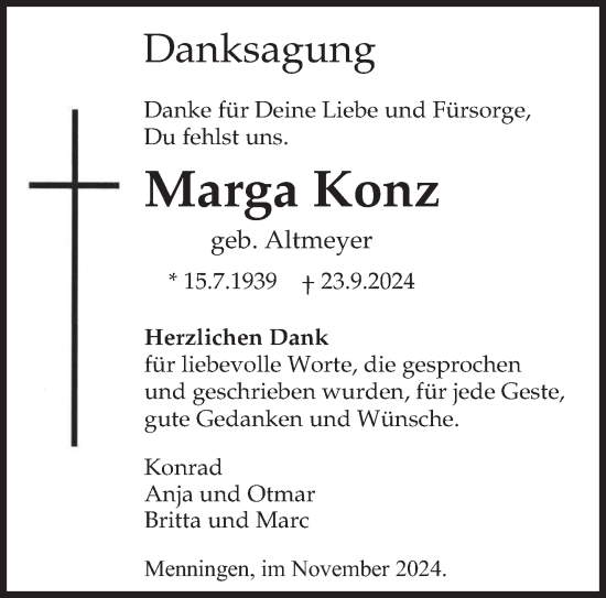 Todesanzeige von Marga Konz von saarbruecker_zeitung