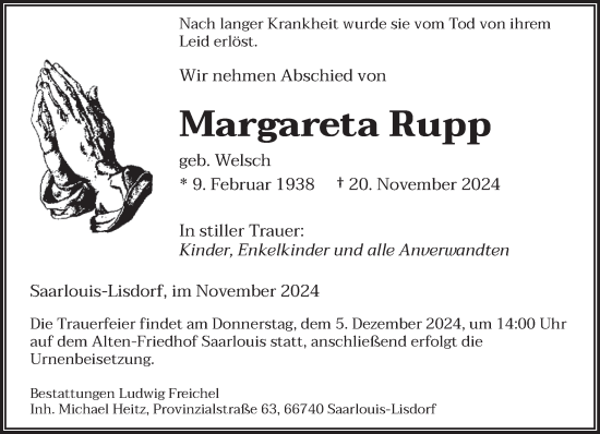 Todesanzeige von Margareta Rupp von saarbruecker_zeitung