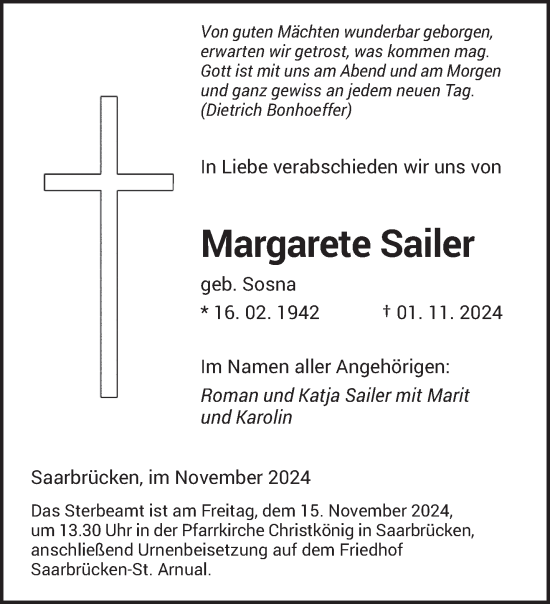 Todesanzeige von Margarete Saller von saarbruecker_zeitung