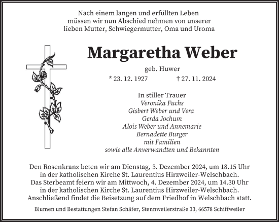 Todesanzeige von Margaretha Weber von saarbruecker_zeitung