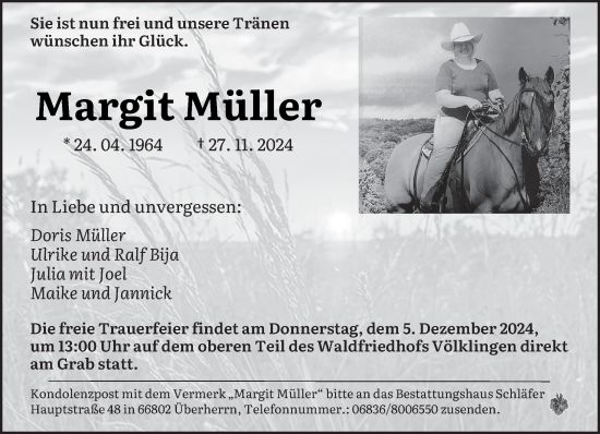 Todesanzeige von Margit Müller von saarbruecker_zeitung