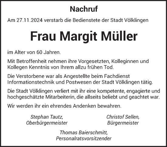 Todesanzeige von Margit Müller von saarbruecker_zeitung