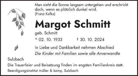 Todesanzeige von Margot Schmitt von saarbruecker_zeitung