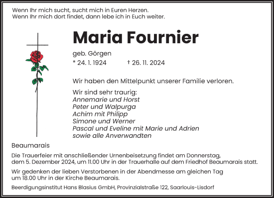 Todesanzeige von Maria Fournier von saarbruecker_zeitung