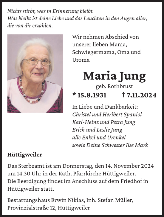 Todesanzeige von Maria Jung von saarbruecker_zeitung