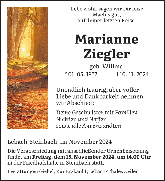 Todesanzeige von Marianne Ziegler von saarbruecker_zeitung