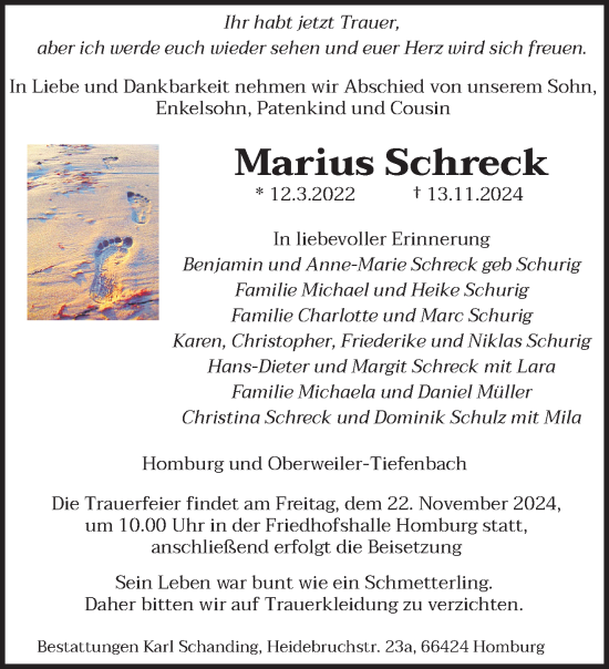 Todesanzeige von Marius Schreck von saarbruecker_zeitung