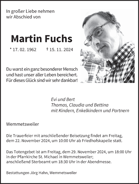 Todesanzeige von Martin Fuchs von saarbruecker_zeitung