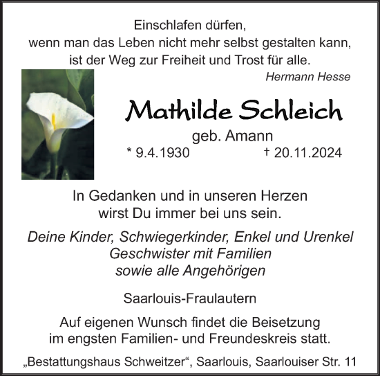 Todesanzeige von Mathilde Schleich von saarbruecker_zeitung