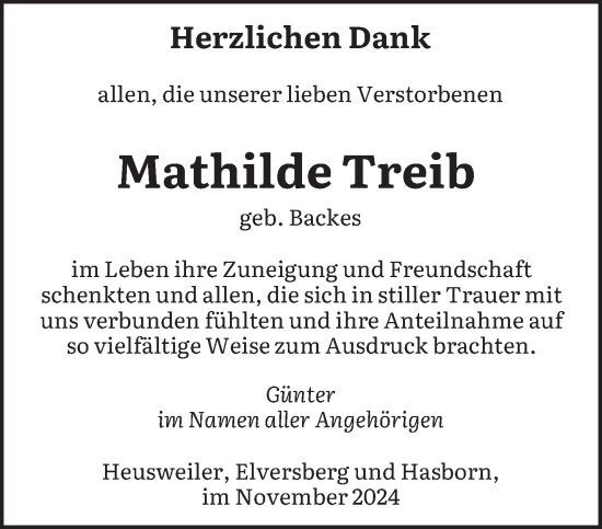 Todesanzeige von Mathilde Treib von saarbruecker_zeitung