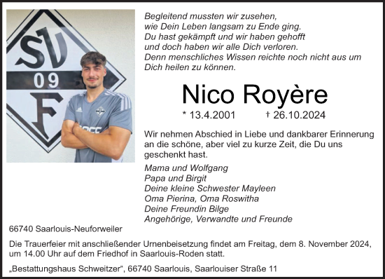 Todesanzeige von Nico Royere von saarbruecker_zeitung