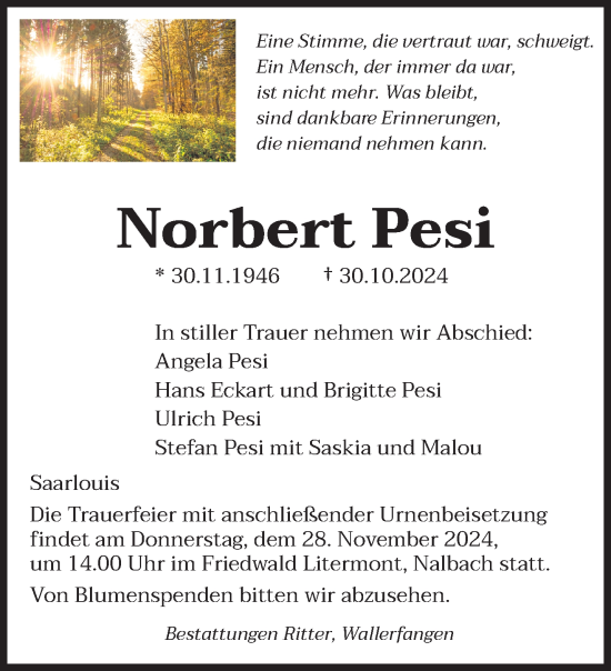 Todesanzeige von Norbert Pesi von saarbruecker_zeitung