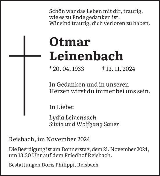 Todesanzeige von Otmar Leinenbach von saarbruecker_zeitung