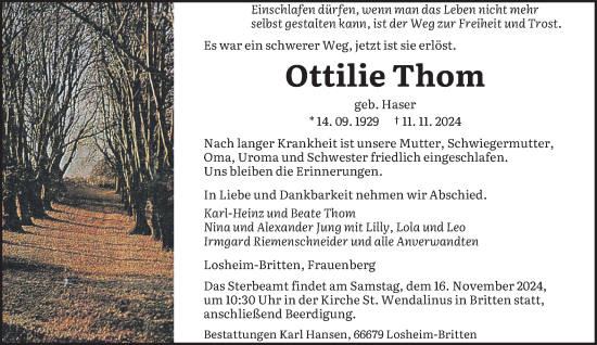 Todesanzeige von Ottilie Thom von saarbruecker_zeitung