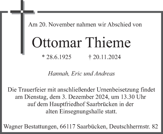 Todesanzeige von Ottomar Thieme von saarbruecker_zeitung