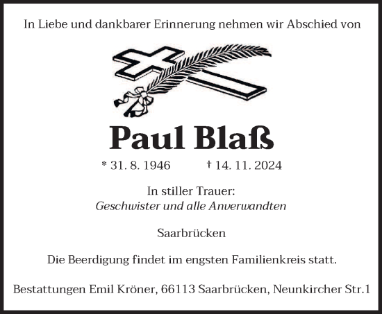 Todesanzeige von Paul Blaß von saarbruecker_zeitung