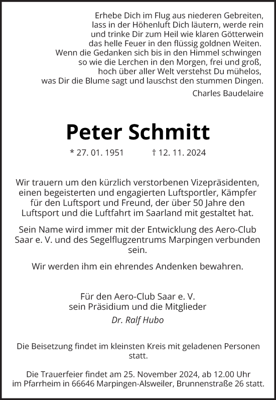 Todesanzeige von Peter Schmitt von saarbruecker_zeitung