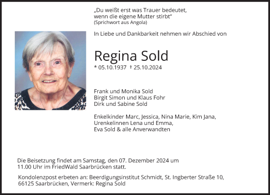 Todesanzeige von Regina Sold von saarbruecker_zeitung