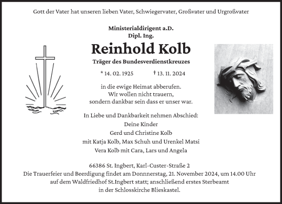 Todesanzeige von Reinhold Kolb von saarbruecker_zeitung