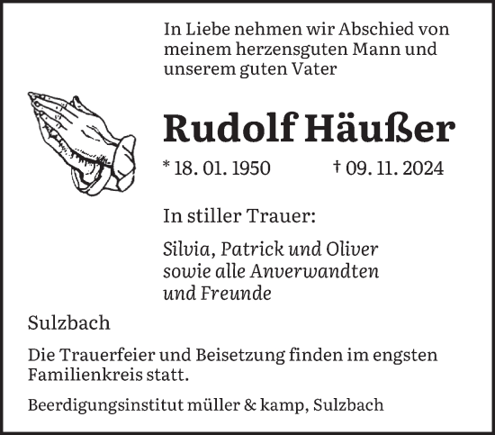 Todesanzeige von Rudolf Häußer von saarbruecker_zeitung