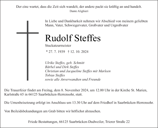 Todesanzeige von Rudolf Steffes von saarbruecker_zeitung