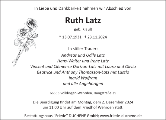 Todesanzeige von Ruth Latz von saarbruecker_zeitung