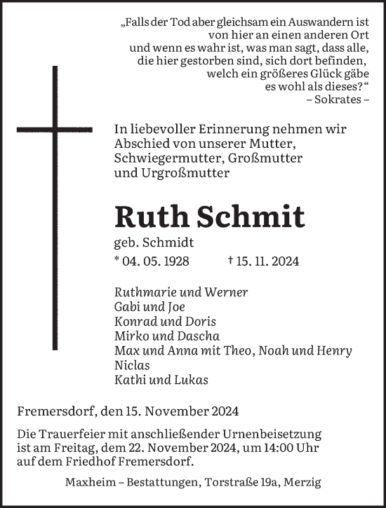 Todesanzeige von Ruth Schmit von saarbruecker_zeitung