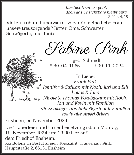 Todesanzeige von Sabine Pink von saarbruecker_zeitung