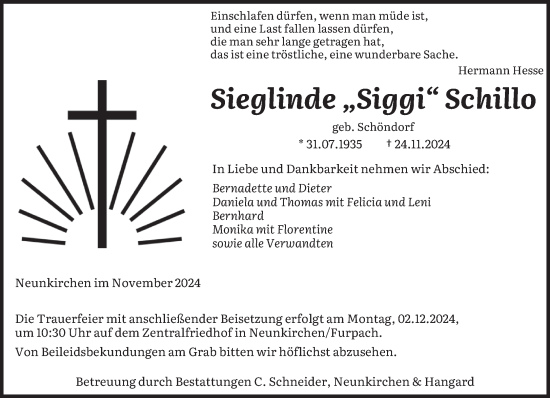 Todesanzeige von Sieglinde  Schillo von saarbruecker_zeitung