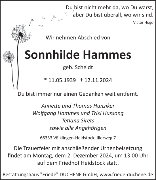 Todesanzeige von Sonnhilde Hammes von saarbruecker_zeitung