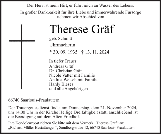 Todesanzeige von Therese Gräf von saarbruecker_zeitung