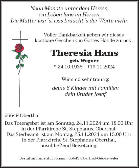 Todesanzeige von Theresia Hans von saarbruecker_zeitung