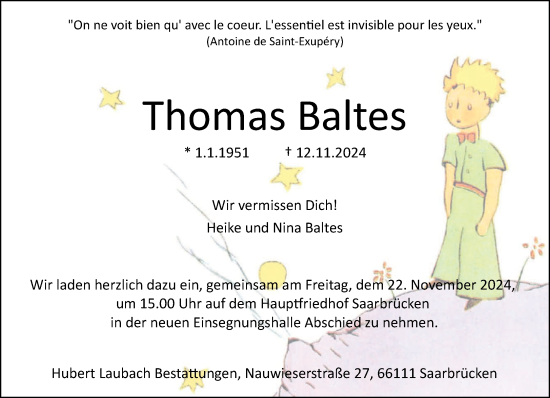 Todesanzeige von Thomas Baltes von saarbruecker_zeitung