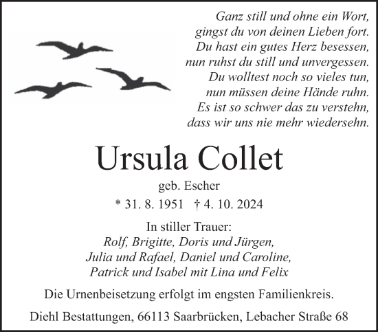 Todesanzeige von Ursula Collet von saarbruecker_zeitung