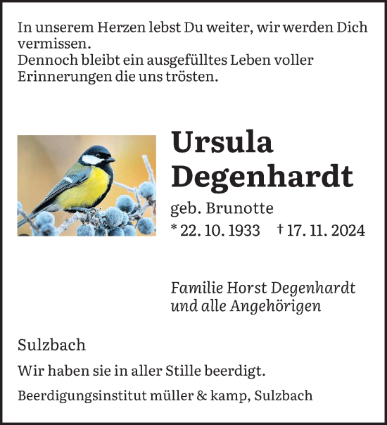 Todesanzeige von Ursula Degenhardt von saarbruecker_zeitung