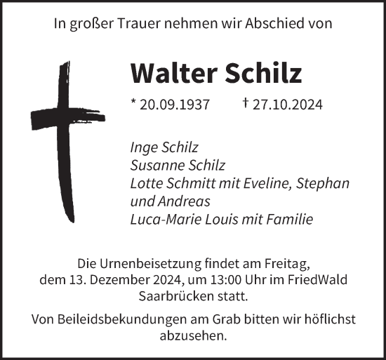 Todesanzeige von Walter Schilz von saarbruecker_zeitung