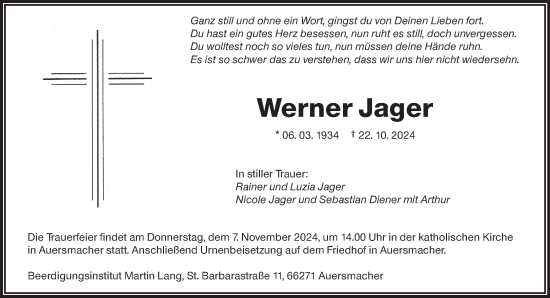 Todesanzeige von Werner Jager von saarbruecker_zeitung