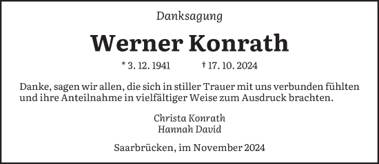 Todesanzeige von Werner Konrath von saarbruecker_zeitung