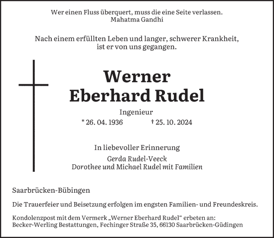 Todesanzeige von Werner Eberhard Rudel von saarbruecker_zeitung