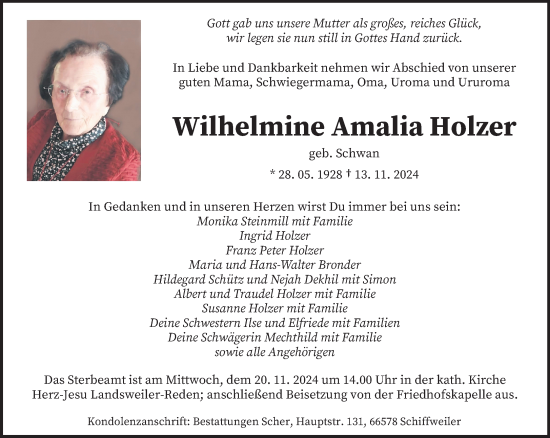 Todesanzeige von Wilhelmine Amalia Holzer von saarbruecker_zeitung