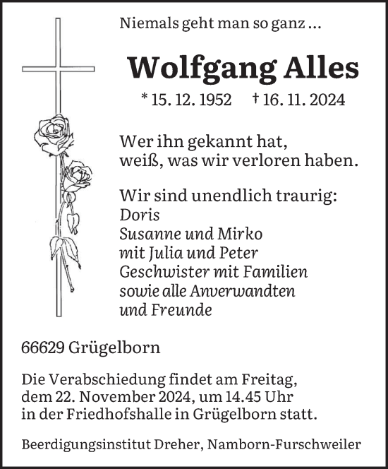 Todesanzeige von Wolfgang Alles von saarbruecker_zeitung