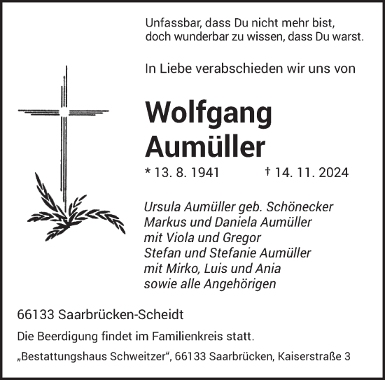 Todesanzeige von Wolfgang Aumüller von saarbruecker_zeitung