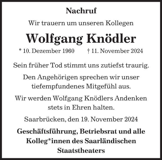 Todesanzeige von Wolfgang Knödler von saarbruecker_zeitung