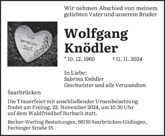 Todesanzeige von Wolfgang Knödler von saarbruecker_zeitung