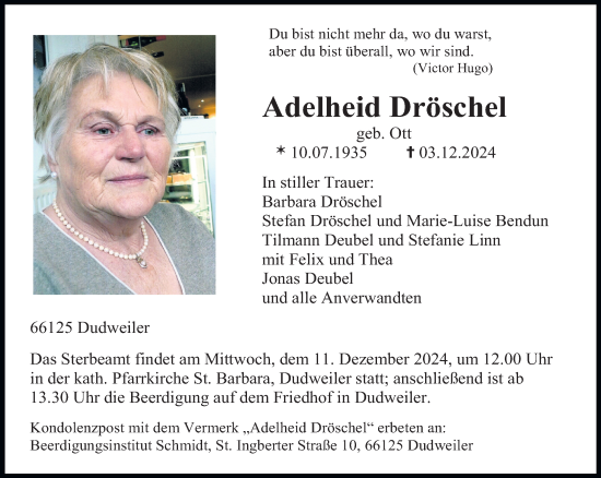 Todesanzeige von Adelheid Dröschel von saarbruecker_zeitung