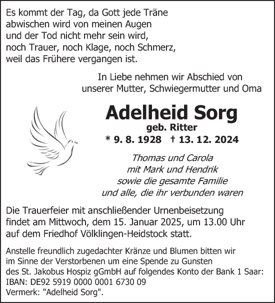 Todesanzeige von Adelheid Sorg von saarbruecker_zeitung