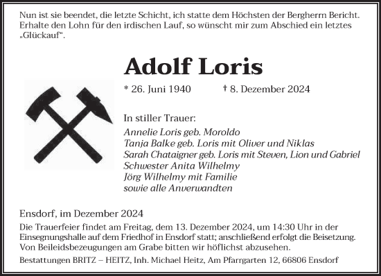 Todesanzeige von Adolf Loris von saarbruecker_zeitung