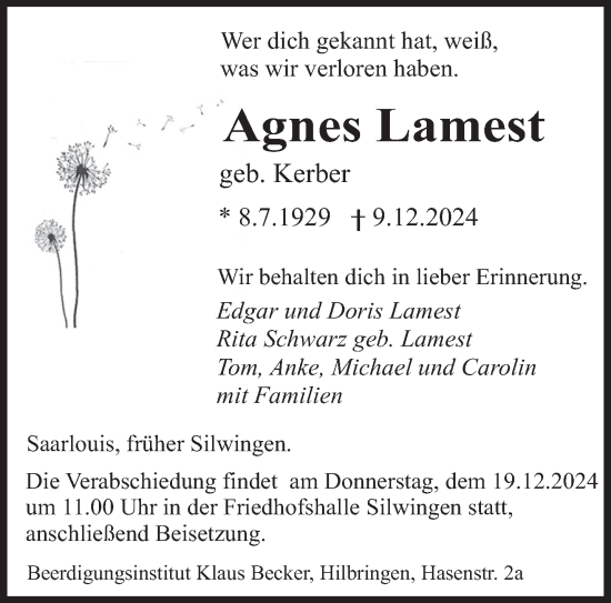 Todesanzeige von Agnes Lamest von saarbruecker_zeitung